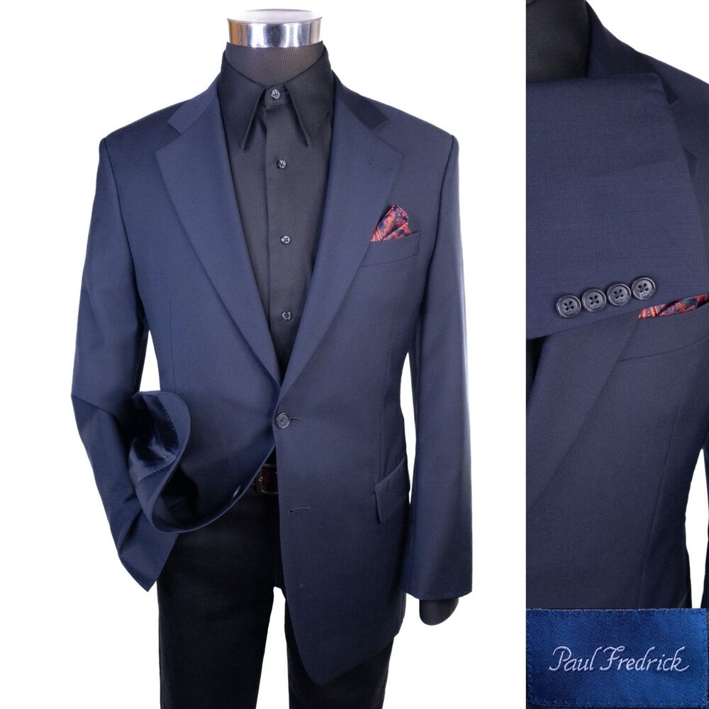Paul Fredrick Sport Coat Suit Jacket Blazer Sz 38R Solid Navy Blue Wool 2 Button
